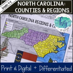 North Carolina Map with Counties and Regions (print & digital)
